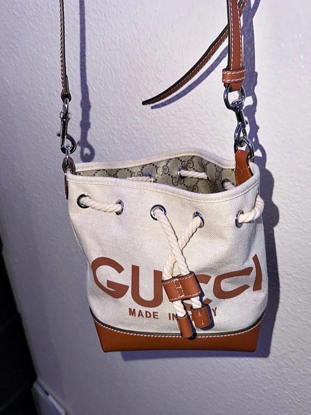 Gucci Print Mini Bucket Shoulder Bag Canvas Crossbody Bag White & Brown